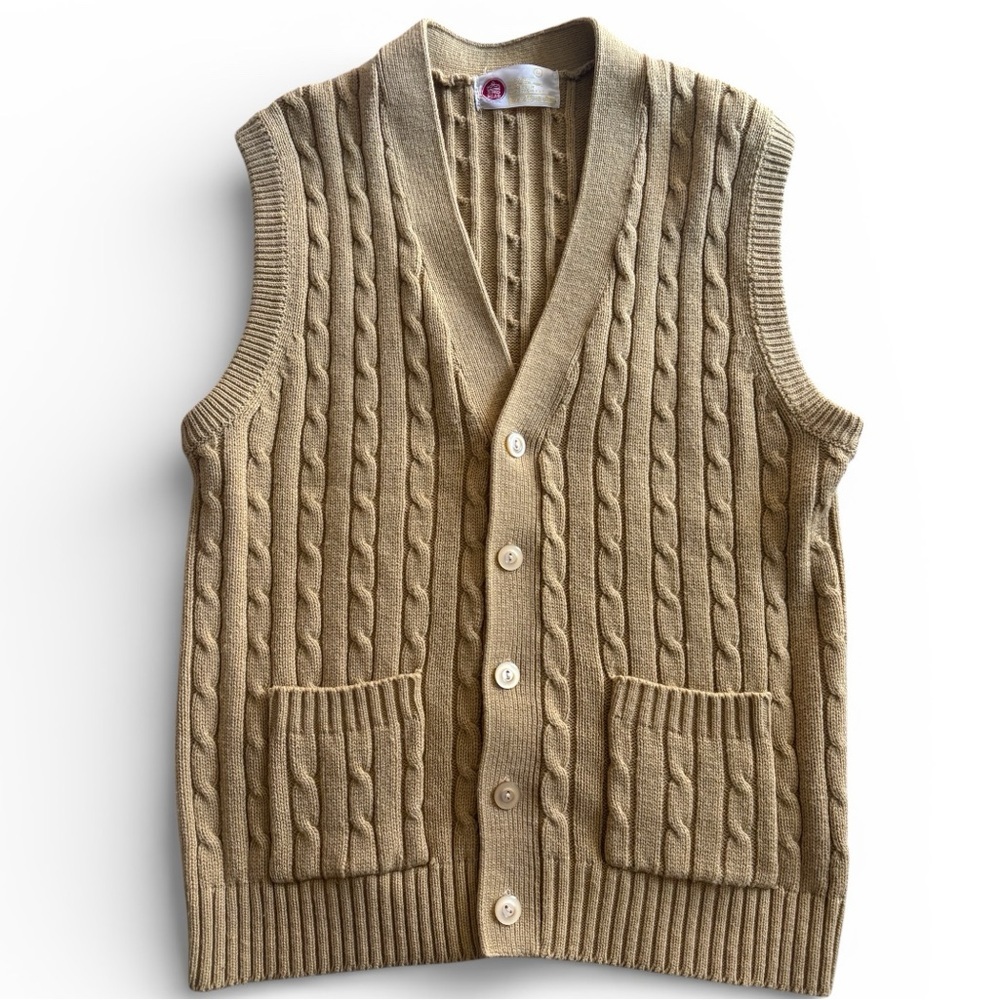 Vintage Sears Kings Road Cable Knit Sweater Vest Tan Button Up L